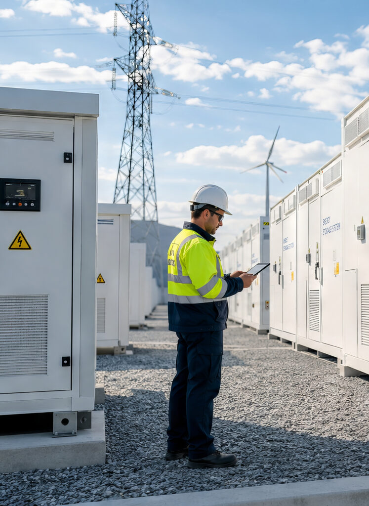 electrical engineer wearing hard hat using digital tablet to check on battery storage