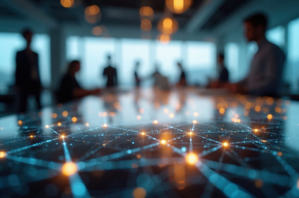 Abstract digital network design on table surface with blurred business team meeting in modern office. People interact in connected futuristic workplace. Data flow, AI, collaboration concept.
