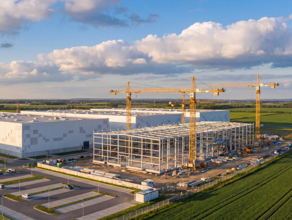 Aerial view of industrial data center construction site with yellow tower cranes, modern concrete buildings, and parking lots under a blue sky for infrastructure development concepts
